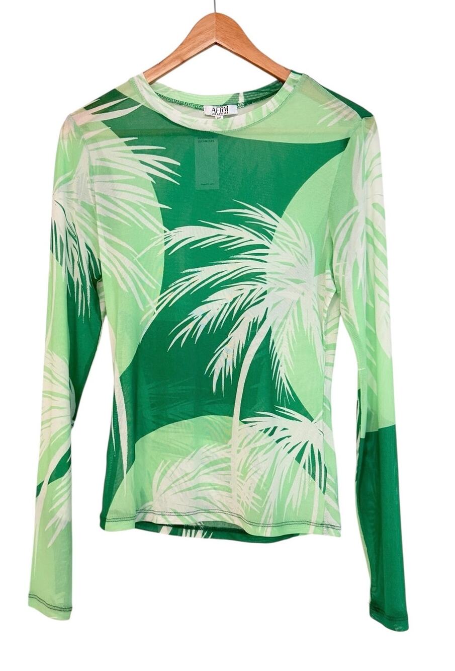 NWT AFRM Los Angeles Palm Print Mesh Sheer Long Sleeve Top Green Large